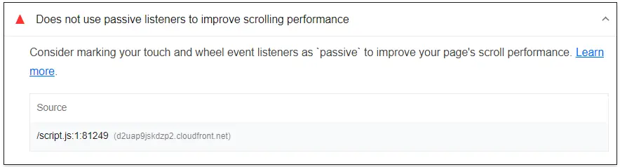 A screenshot from the Lighthouse report that shows a JavaScript file that potentially contains Event Listeners that are causing scroll jank